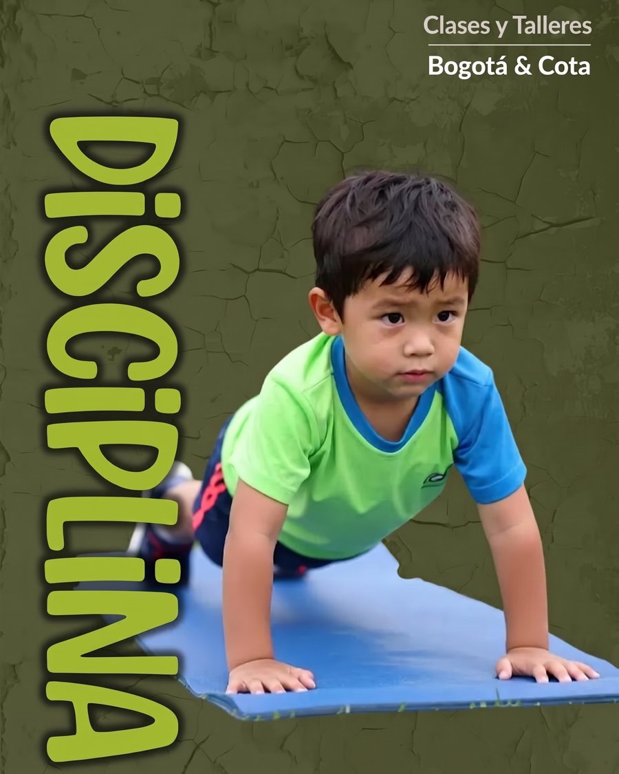 Póster Disciplina: niño en posición de plancha, clases y talleres en Bogotá y Cota