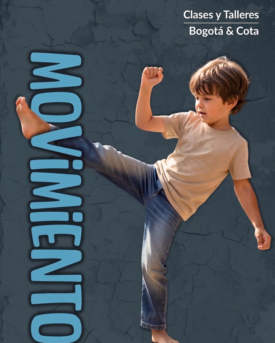Póster Movimiento: niño practicando una patada de capoeira, clases y talleres en Bogotá y Cota